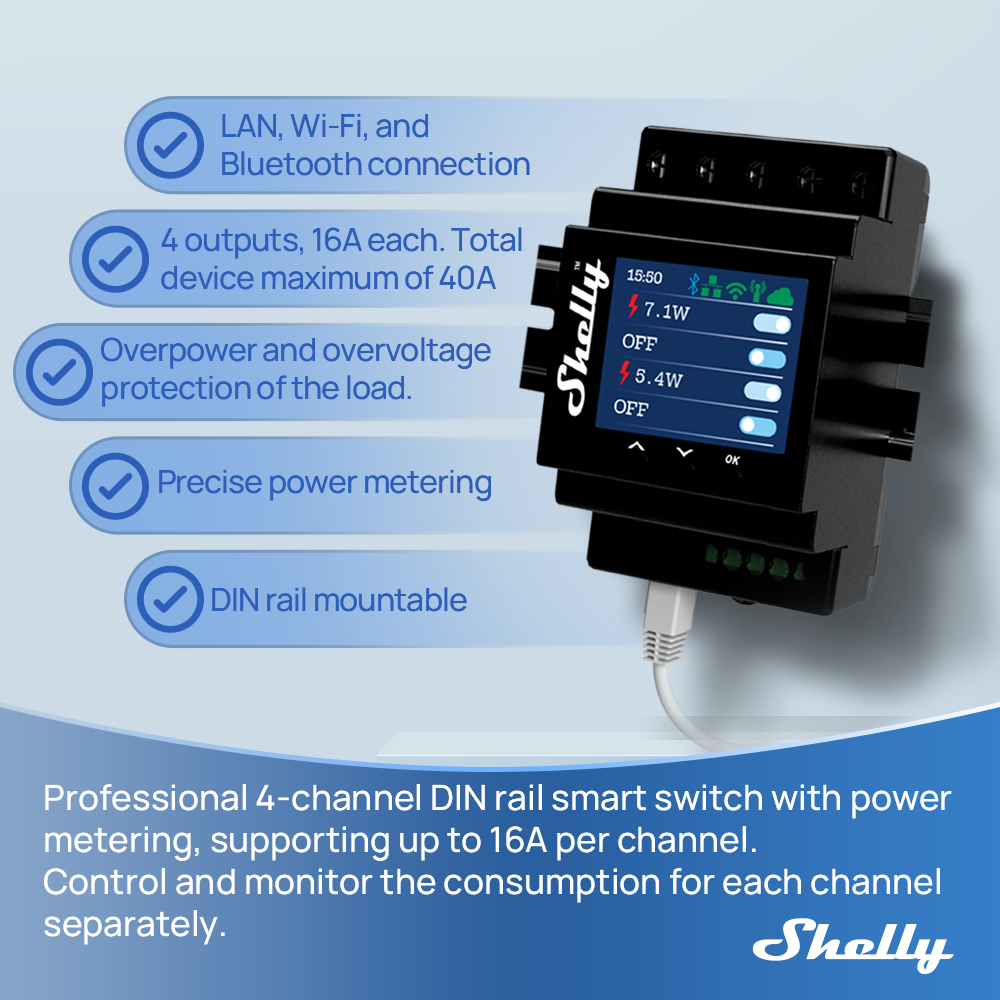 Shelly Pro 4PM 4 チャンネルリレー LAN  - Home Automation Technology のレビューと価格
